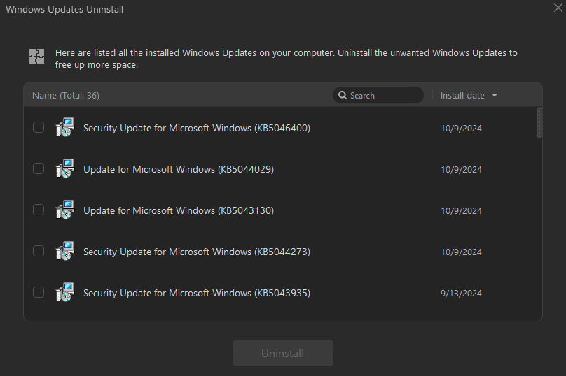 Uninstall Windows Updates