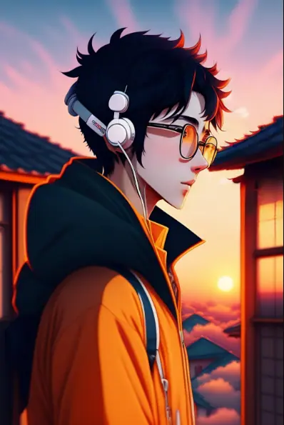 Relaxed Anime Boy at Sunset