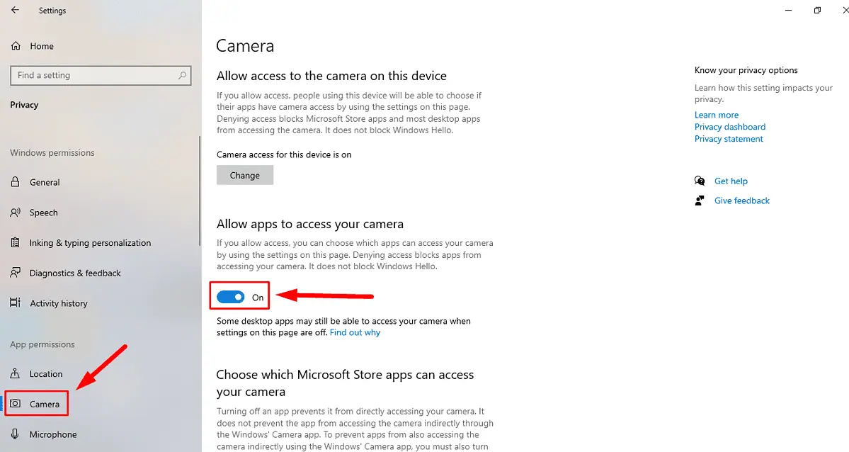 Allow apps to access your camera