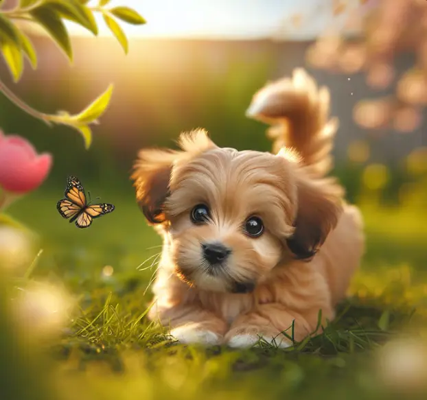 Small Breed Puppy Chasing Butterfly