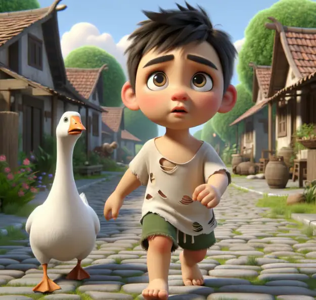 3D Animated Village Scene with Child and Goose