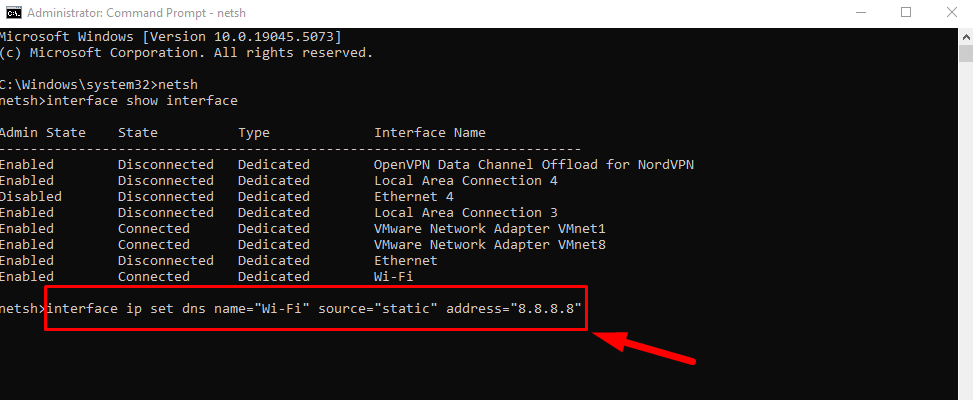 interface ip set dns name="Wi-Fi" source="static" address="8.8.8.8”