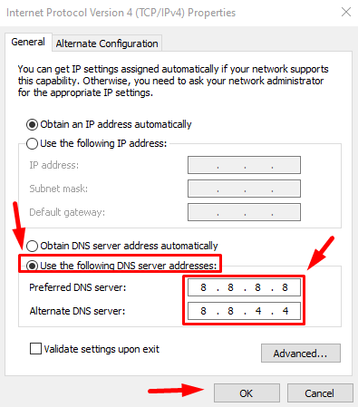 Use the following DNS server addresses