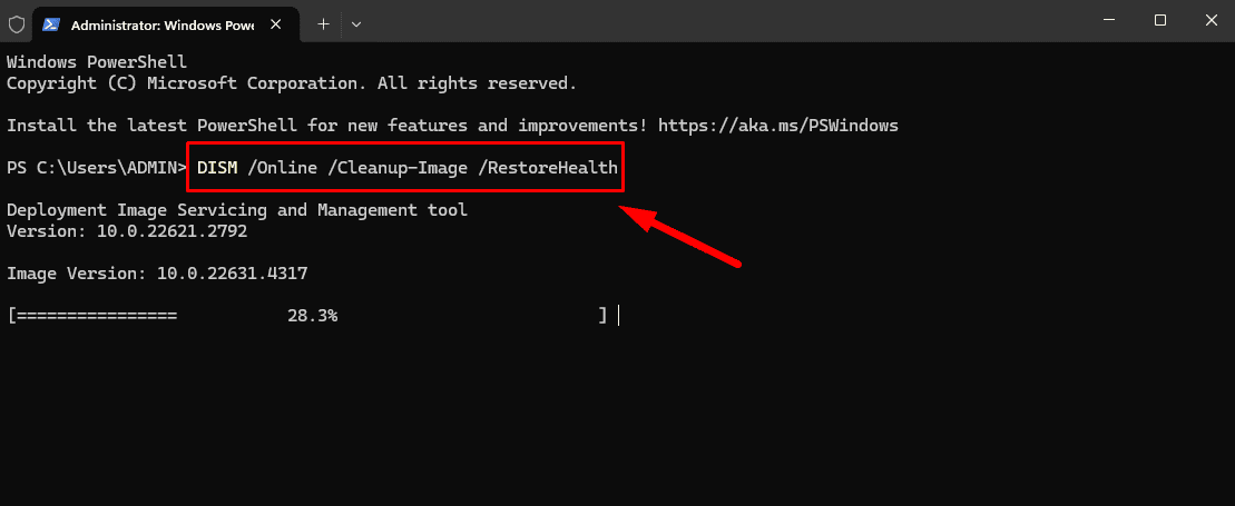 Type DISM /Online /Cleanup-Image /RestoreHealth