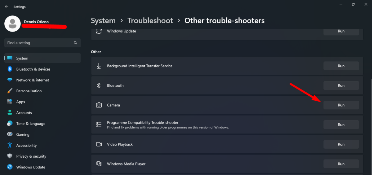 Run Camera troubleshooter