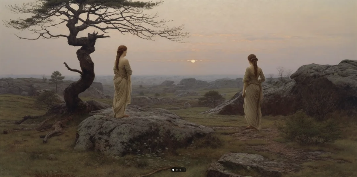 Oil Painting of Two Sisters at Sunrise