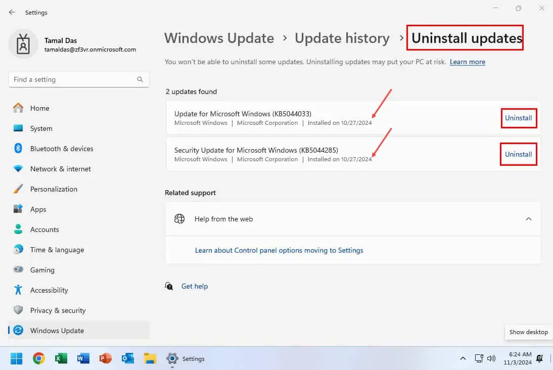 Uninstall updates windows 11