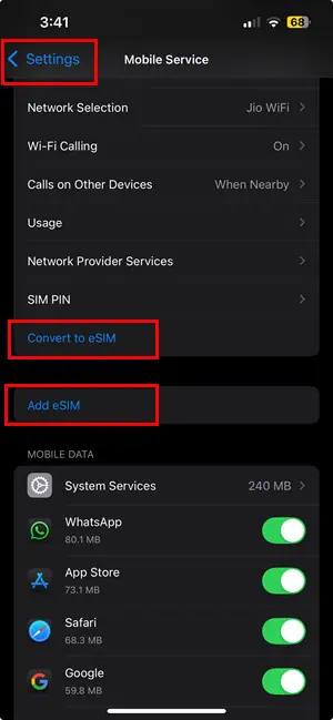 eSIM iOS