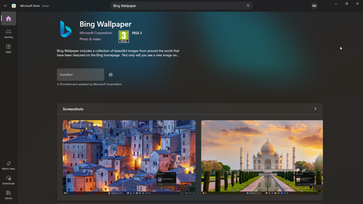 Bing Wallpaper app on the Microsoft Store.