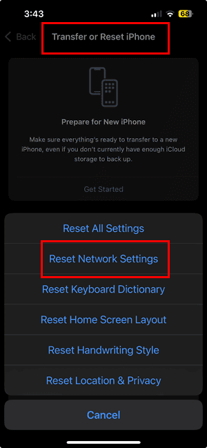 reset network settings ios