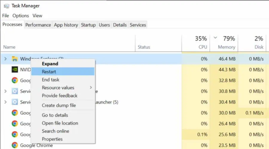 Restart Windows Explorer when Windows 10 Taskbar not working