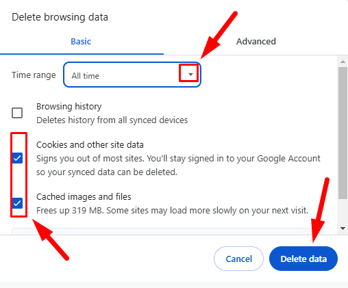 Cookies and other site data and Cached images and files