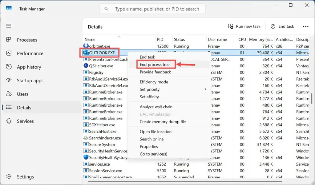 End Outlook process tree