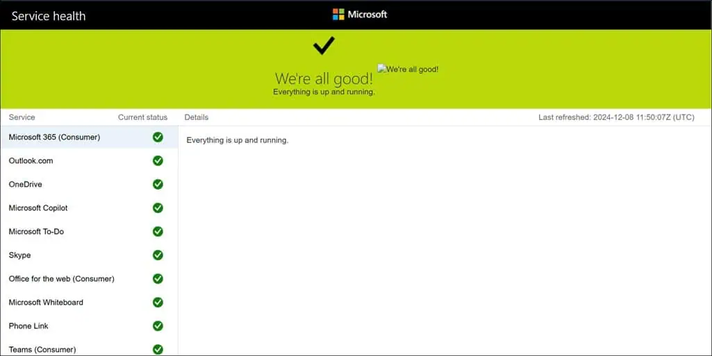 Microsoft Service health status