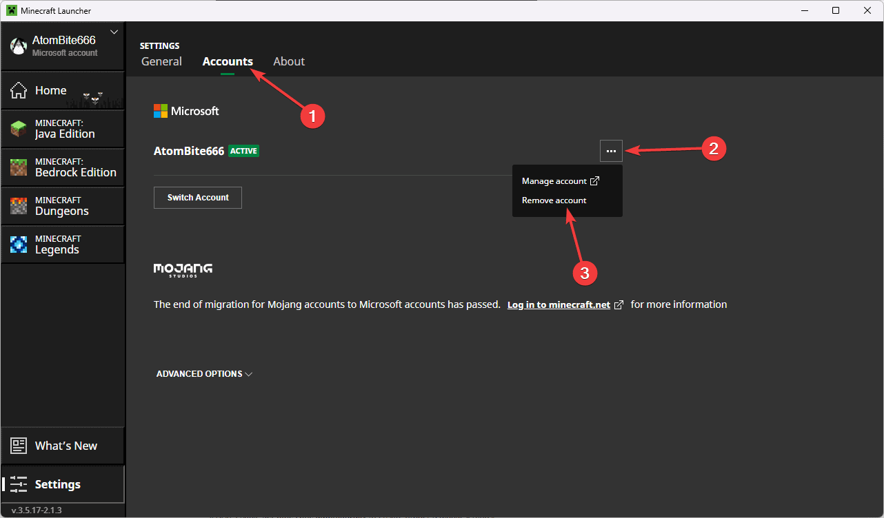 Minecraft removing MS account