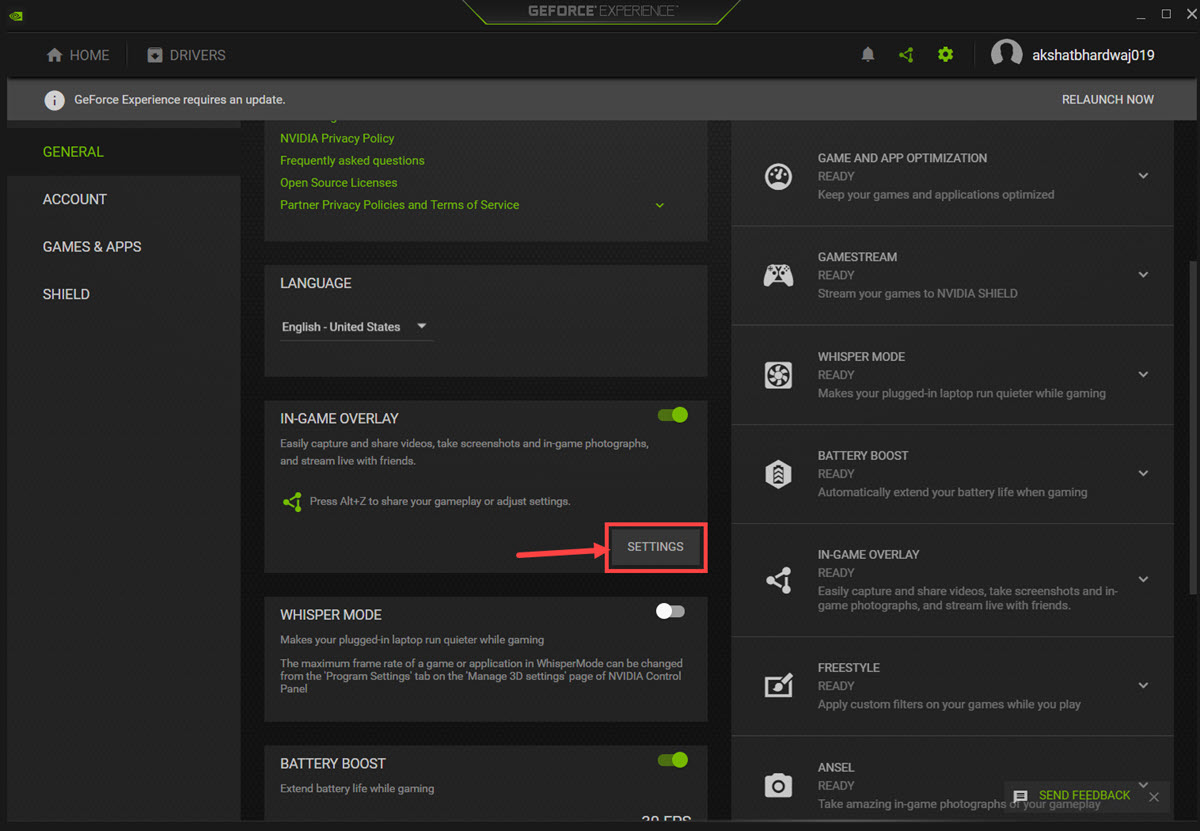 NVIDIA In Game Overlay Settings