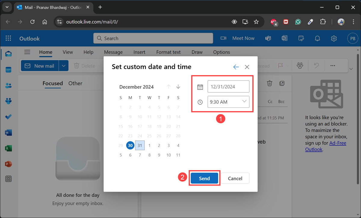 Schedule email on Outlook web