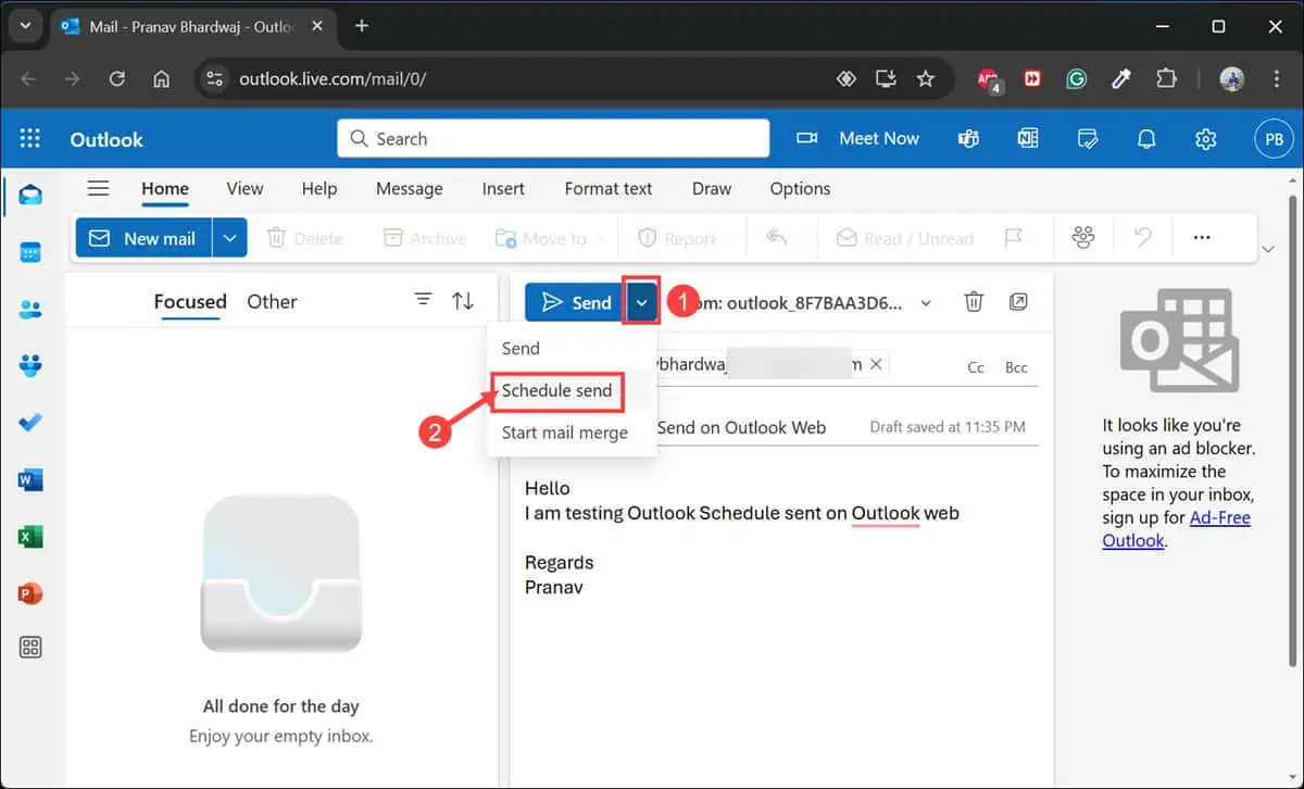 Schedule send button Outlook web