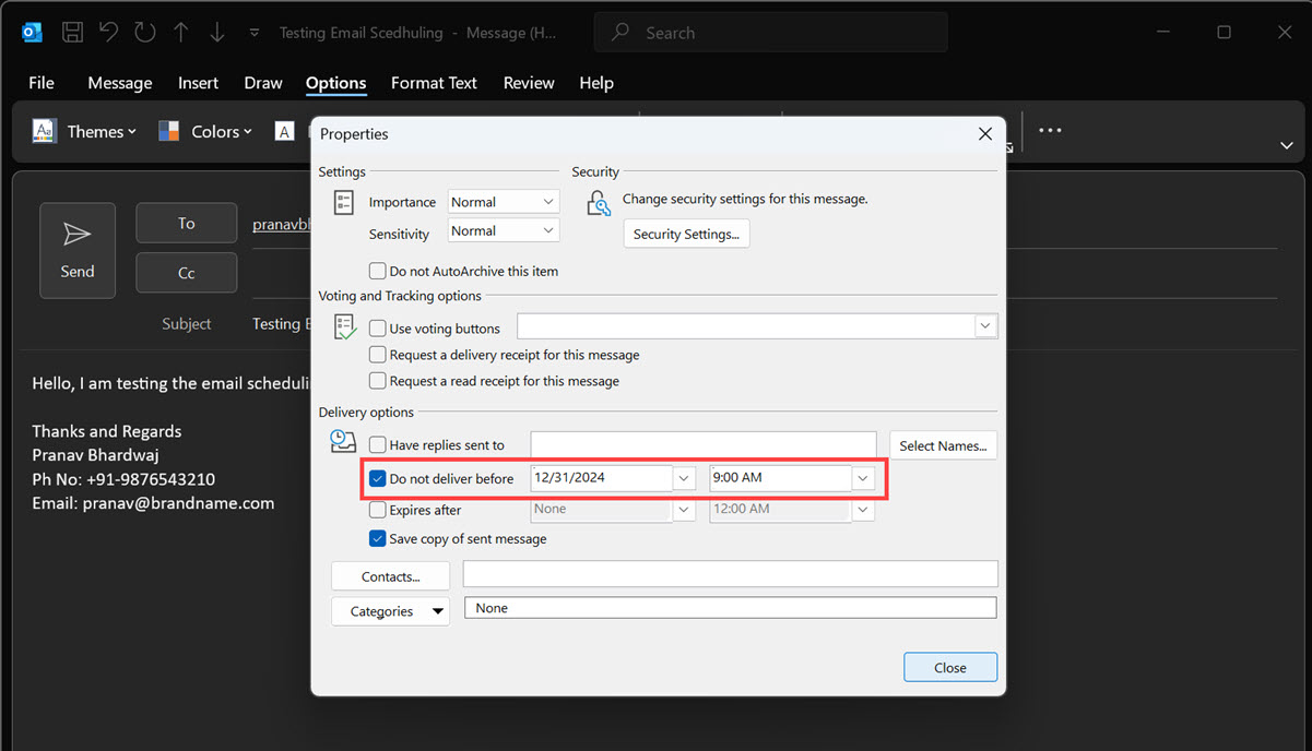 Set date and time for delivering the email in Outlook