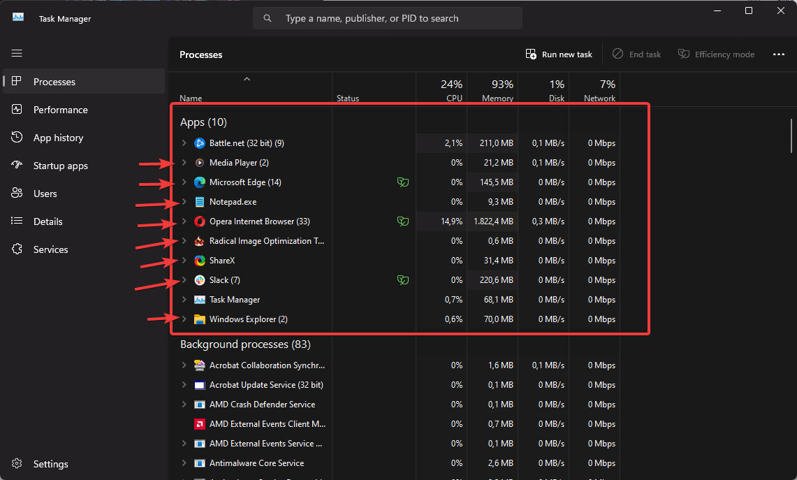 Taskmgr with some none-essential apps