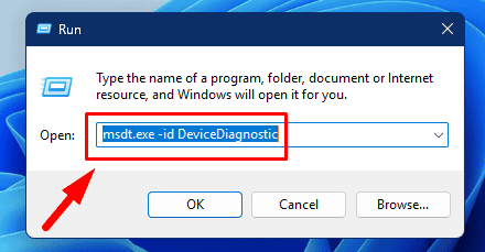 Type msdt.exe -id DeviceDiagnostic