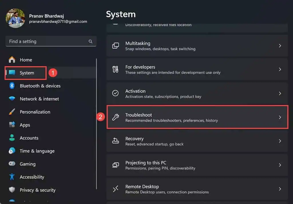 Troubleshoot option Windows 11