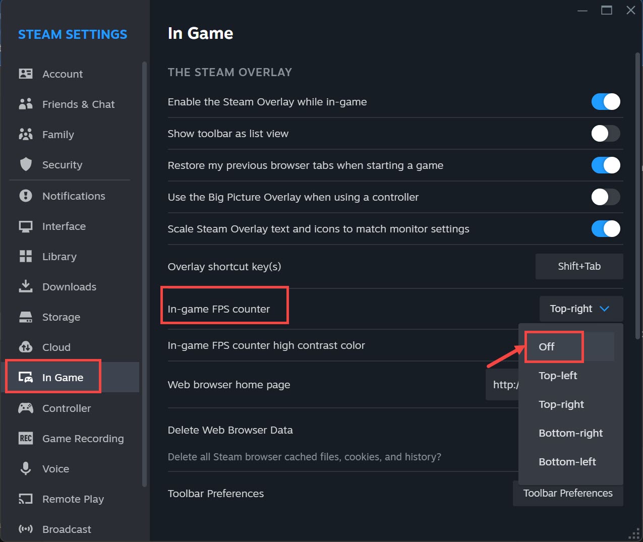 Turn off in game FPS counter in Steam