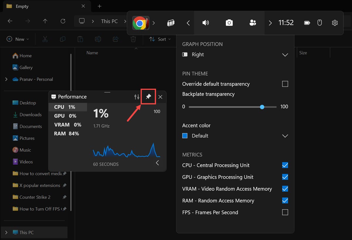 Unpin the performance widget from the screen