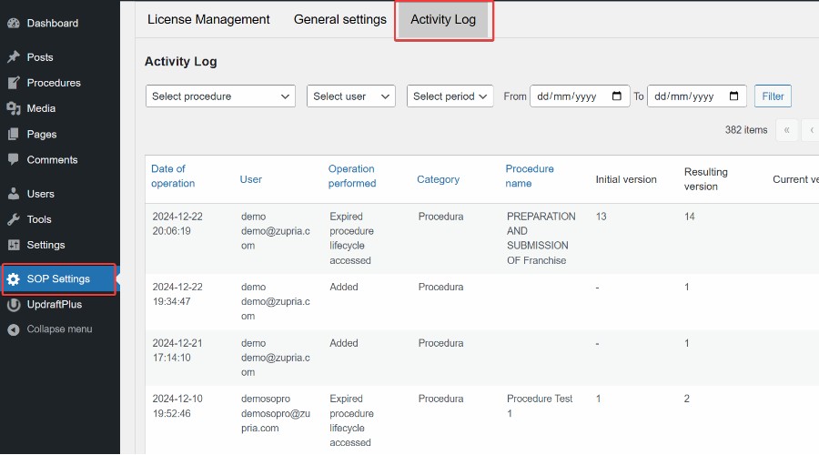 activity log