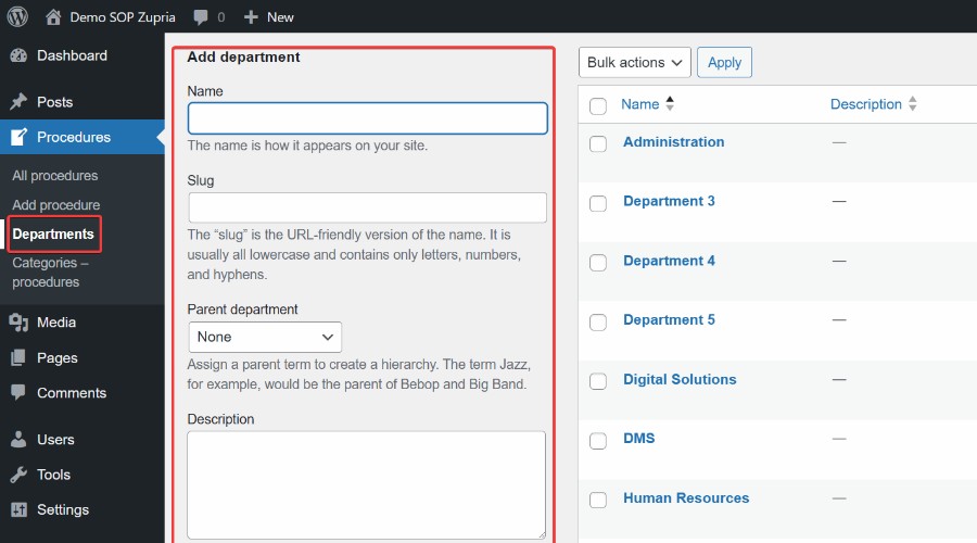 add a new department in procedures