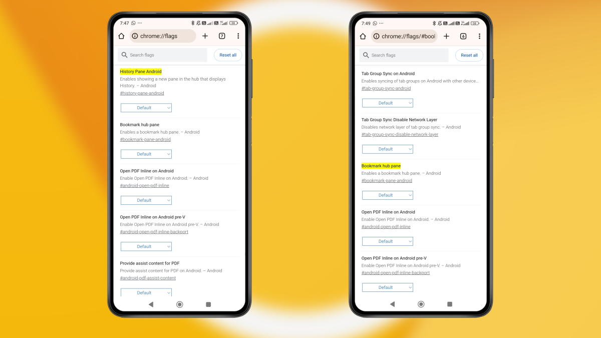 History & bookmark pane flags, Chrome on Android