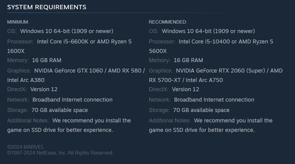 System Requirements Marvel Rivals