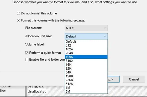 NTFS unit size