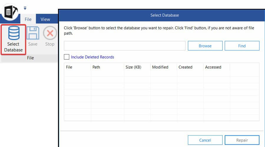 Stellar Repair for MS SQL: Select a database