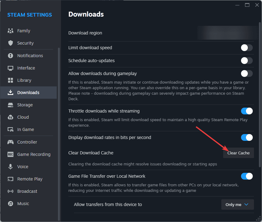 Steam Clear Cache option Settings