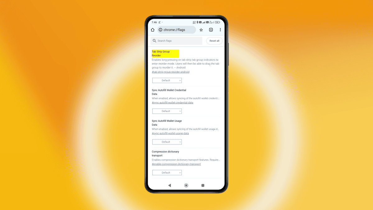 tab group reorder flag, chrome on android