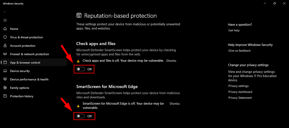 Disable Check apps and files and SmartScreen for Microsoft Edge