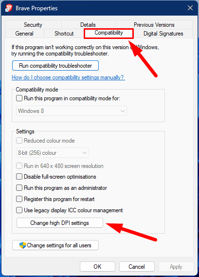 Change high DPI settings