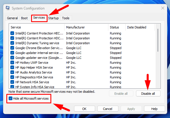 Check Hide all Microsoft services box