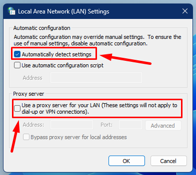 Uncheck Use a proxy server for your LAN