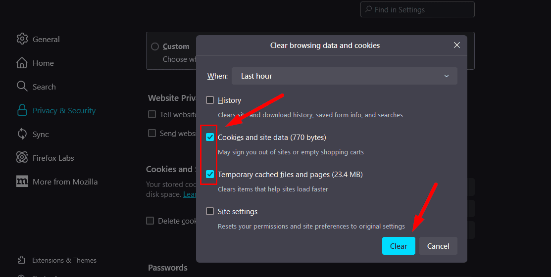 Select Cookies and Site Data and Temporary Cached files and pages