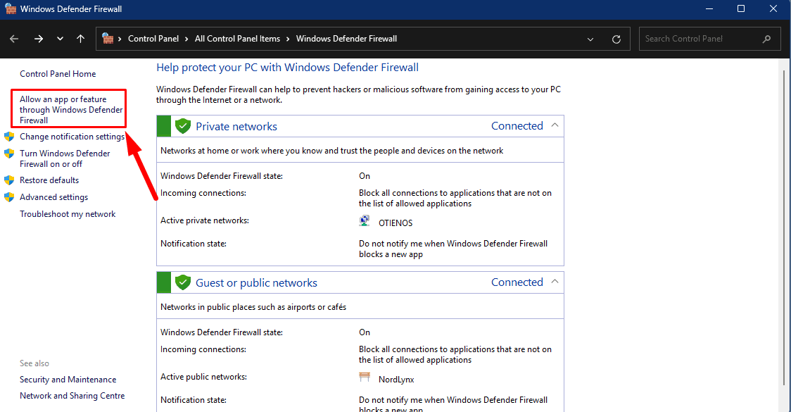 Allow an app or feature through Windows Defender Firewall