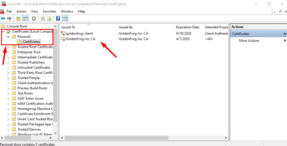 Certificates (Local Computer) > Personal > Certificates