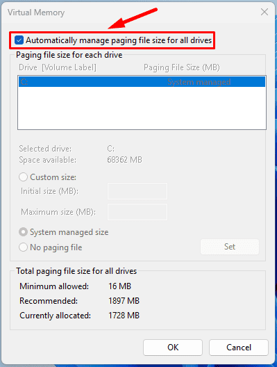 Automatically manage paging file size for all drives