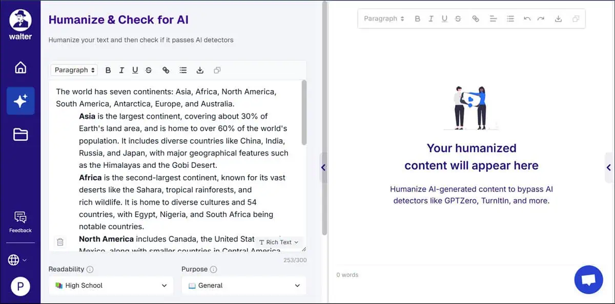 Input text to humanize or AI check