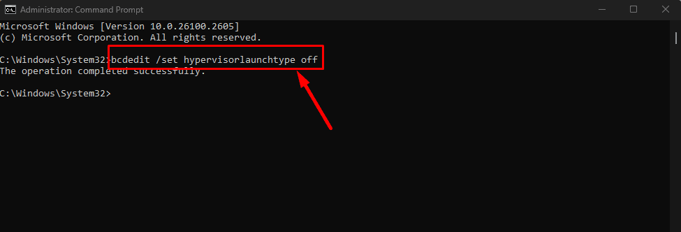Type bcdedit /set hypervisorlaunchtype off