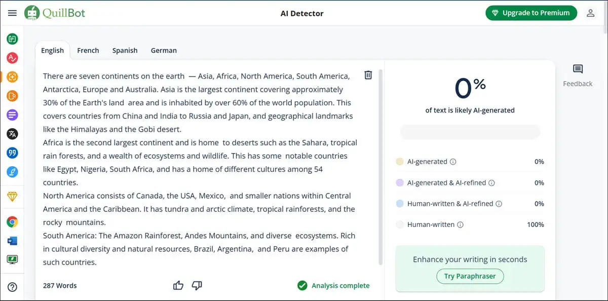 Quillbot 0 AI detection