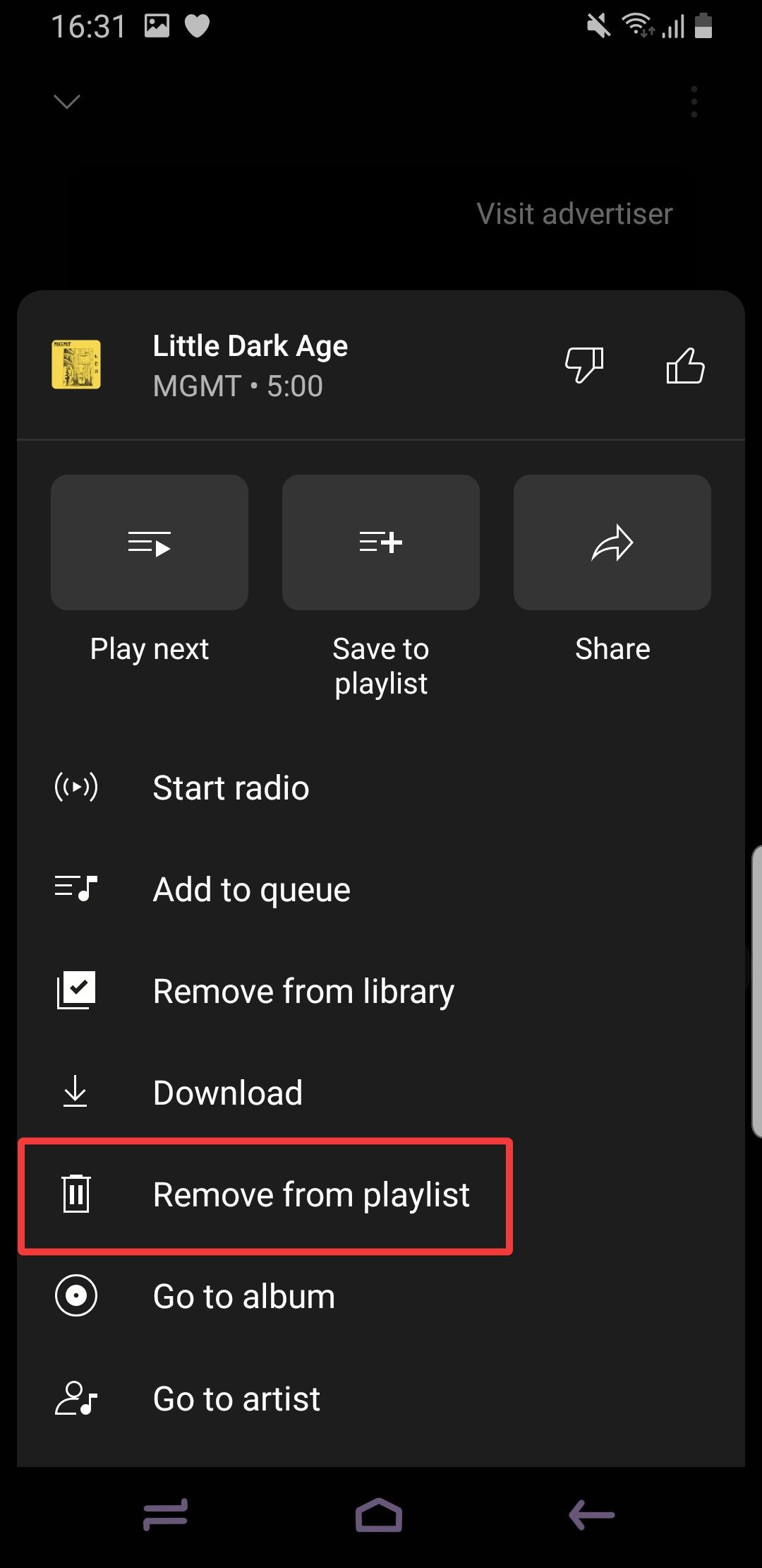 youtube music app remove from playlist