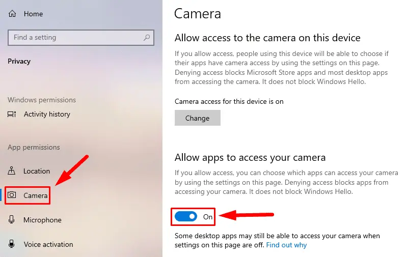 Allow apps to access your camera