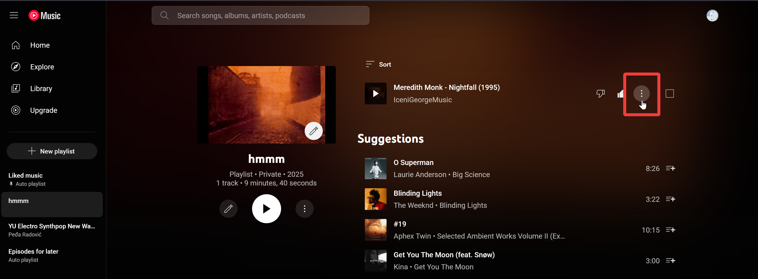 youtube music three dots next to song in a playlist